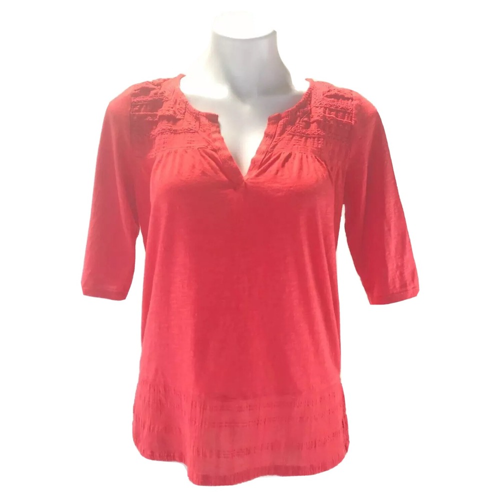 Lucky Brand Live in Love Womens Size M Orange Embroidered Mid Sleeve Top‎ Blouse